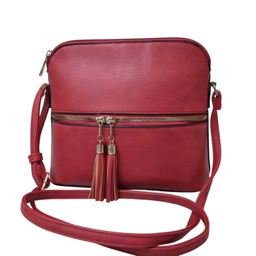 Red Faux Leather Adjustable Strap Zippered Purse